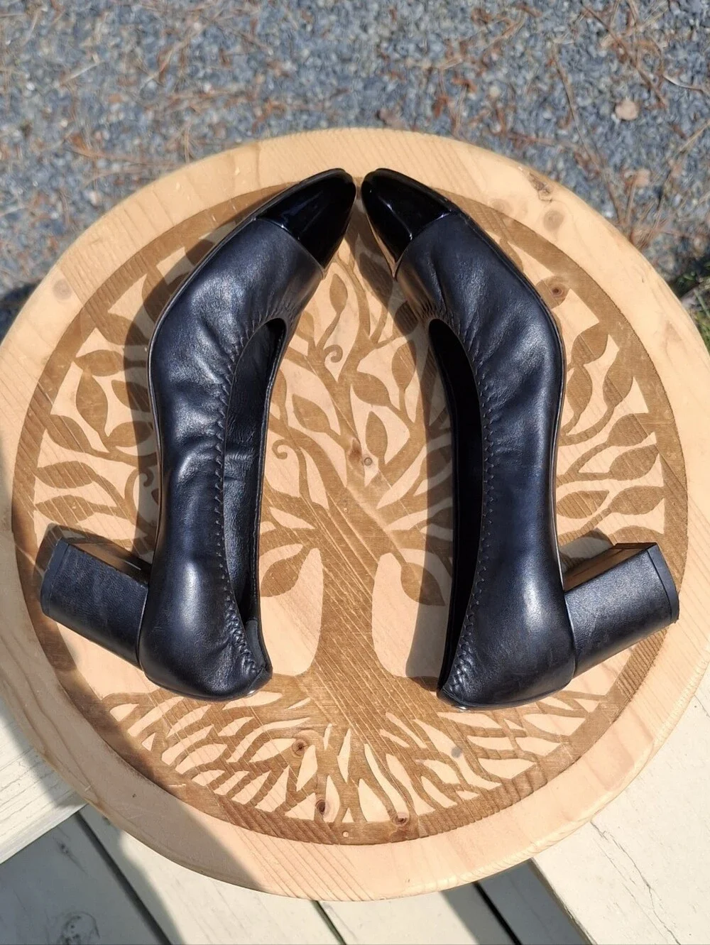 AGL Attilio Giusti Leombruni Classic Black Leather Cap Toe Block Heel Pumps 7.5